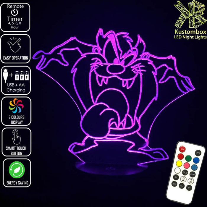 Tazzie Devil Looney Tunes Tongue Out - 3D LED Night Light 7 Colours + Remote Control - Kustombox