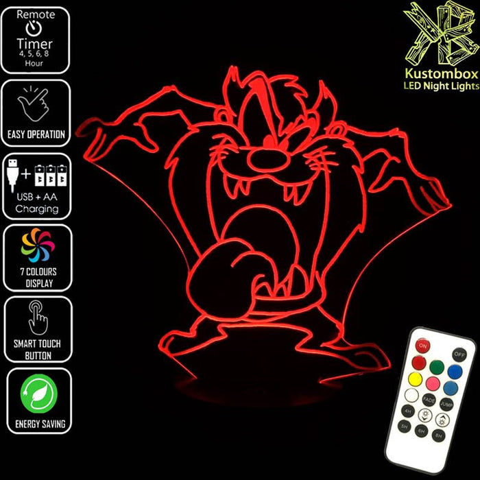 Tazzie Devil Looney Tunes Tongue Out - 3D LED Night Light 7 Colours + Remote Control - Kustombox