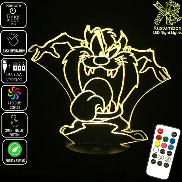 Tazzie Devil Looney Tunes Tongue Out - 3D LED Night Light 7 Colours + Remote Control - Kustombox