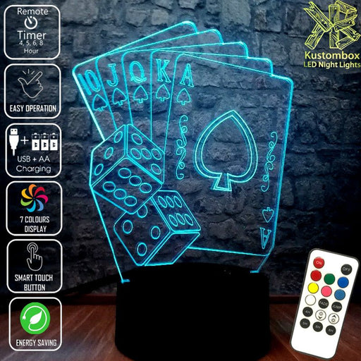 Texas Holden Poker & Dice card game 3D - LED Night Light 7 Colours + Remote Control - Kustombox