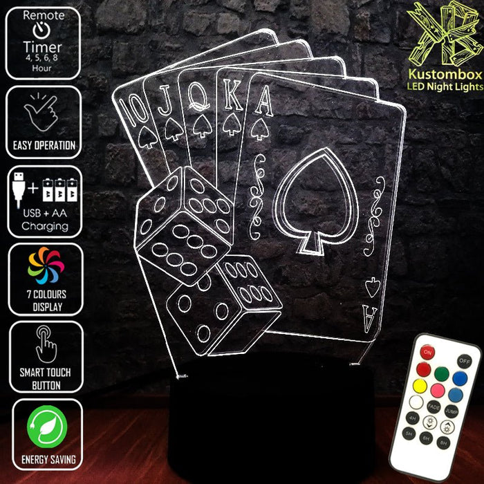 Texas Holden Poker & Dice card game 3D - LED Night Light 7 Colours + Remote Control - Kustombox
