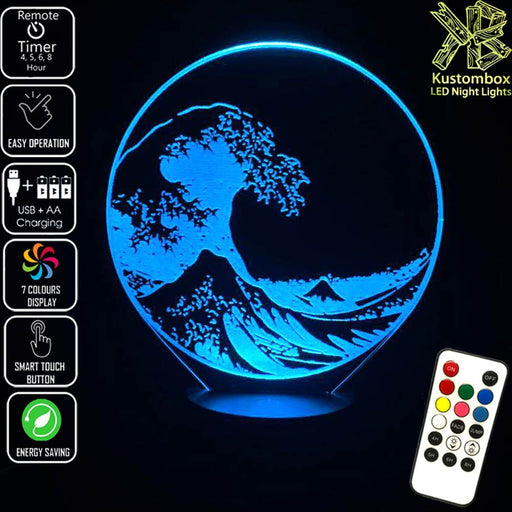 The Great Japanese Wave Kanagawa - 3D LED Night Light 7 Colours + Remote Control - Kustombox