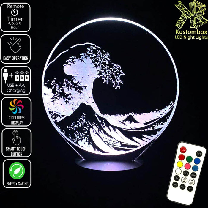 The Great Japanese Wave Kanagawa - 3D LED Night Light 7 Colours + Remote Control - Kustombox