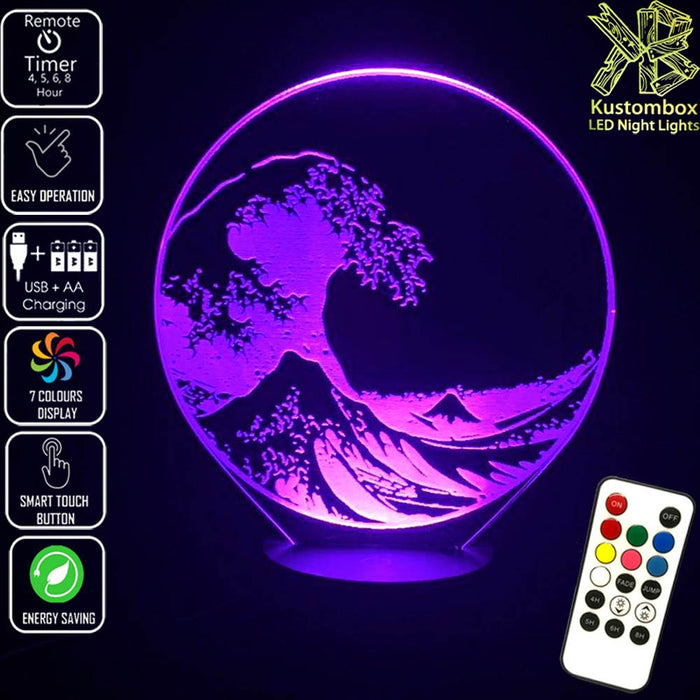 The Great Japanese Wave Kanagawa - 3D LED Night Light 7 Colours + Remote Control - Kustombox
