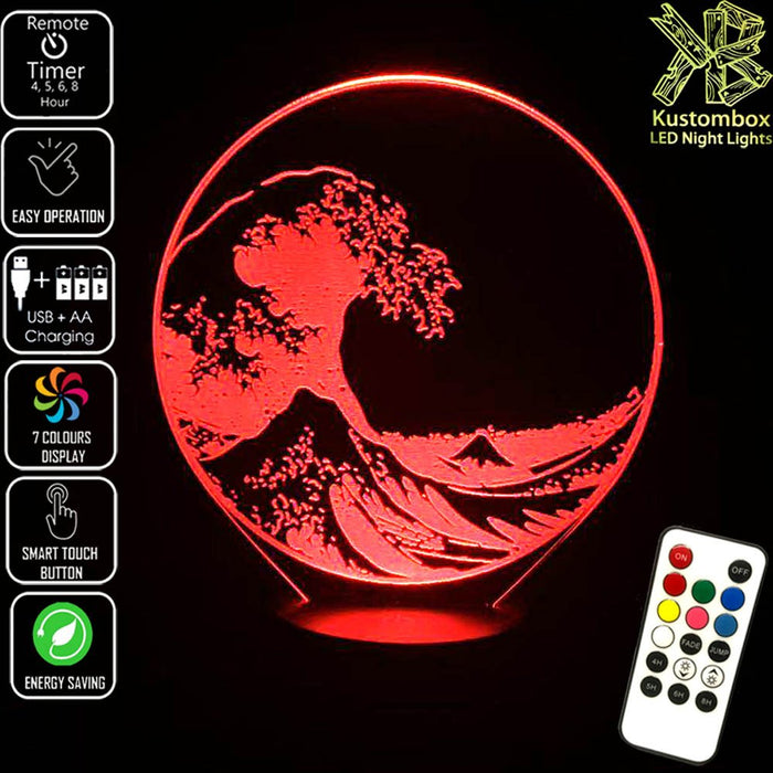 The Great Japanese Wave Kanagawa - 3D LED Night Light 7 Colours + Remote Control - Kustombox