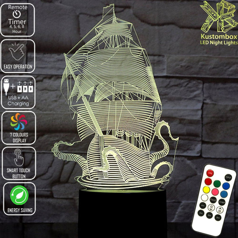 The Kraken Ship Giant Squid 3D LED Night Light 7 Colours + Remote Control - Kustombox