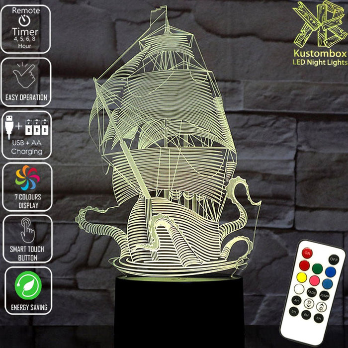 The Kraken Ship Giant Squid 3D LED Night Light 7 Colours + Remote Control - Kustombox