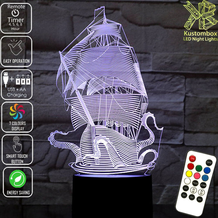 The Kraken Ship Giant Squid 3D LED Night Light 7 Colours + Remote Control - Kustombox