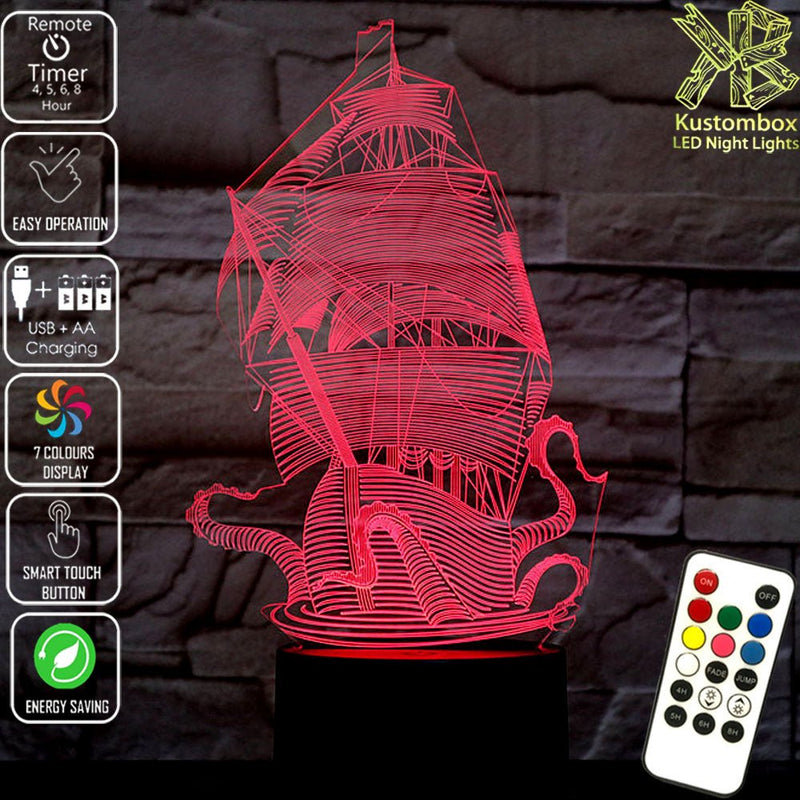 The Kraken Ship Giant Squid 3D LED Night Light 7 Colours + Remote Control - Kustombox