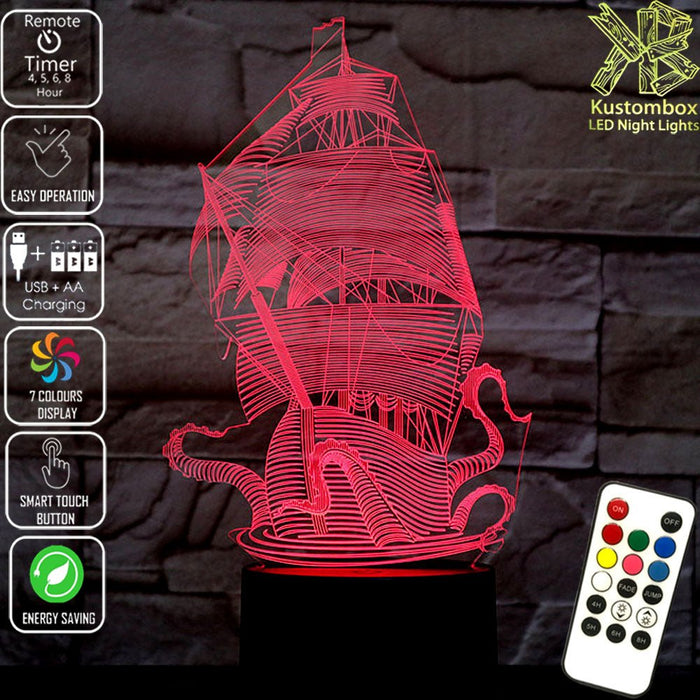 The Kraken Ship Giant Squid 3D LED Night Light 7 Colours + Remote Control - Kustombox