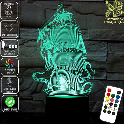 The Kraken Ship Giant Squid 3D LED Night Light 7 Colours + Remote Control - Kustombox