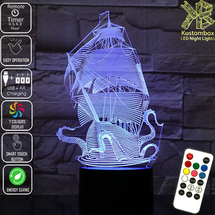 The Kraken Ship Giant Squid 3D LED Night Light 7 Colours + Remote Control - Kustombox