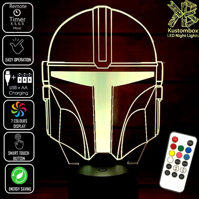 The Mandalorian beskar'gam Helmet - LED Night Light 7 Colours + Remote Control - Kustombox star wars