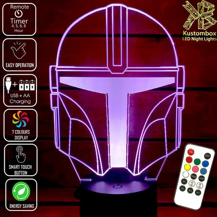 The Mandalorian beskar'gam Helmet - LED Night Light 7 Colours + Remote Control - Kustombox star wars