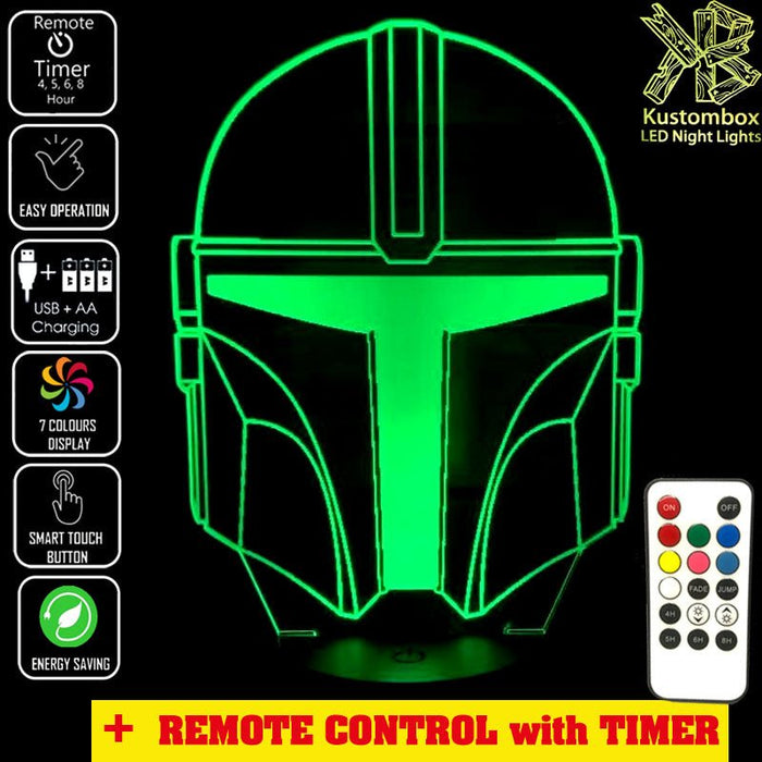 The Mandalorian beskar'gam Helmet - LED Night Light 7 Colours + Remote Control - Kustombox star wars