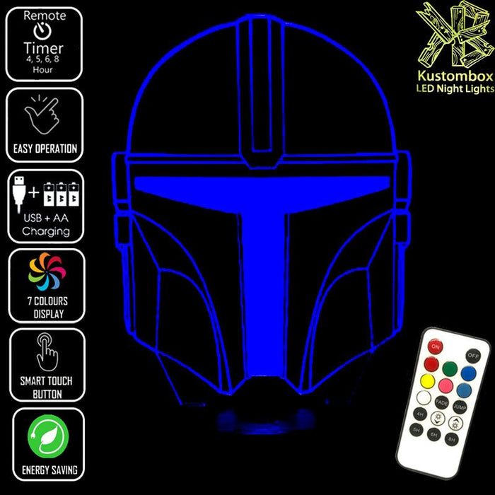 The Mandalorian beskar'gam Helmet - LED Night Light 7 Colours + Remote Control - Kustombox star wars