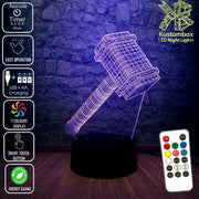 Thor Hammer Ragnarok the Avengers - 3D LED Night Light 7 Colours + Remote Control - Kustombox
