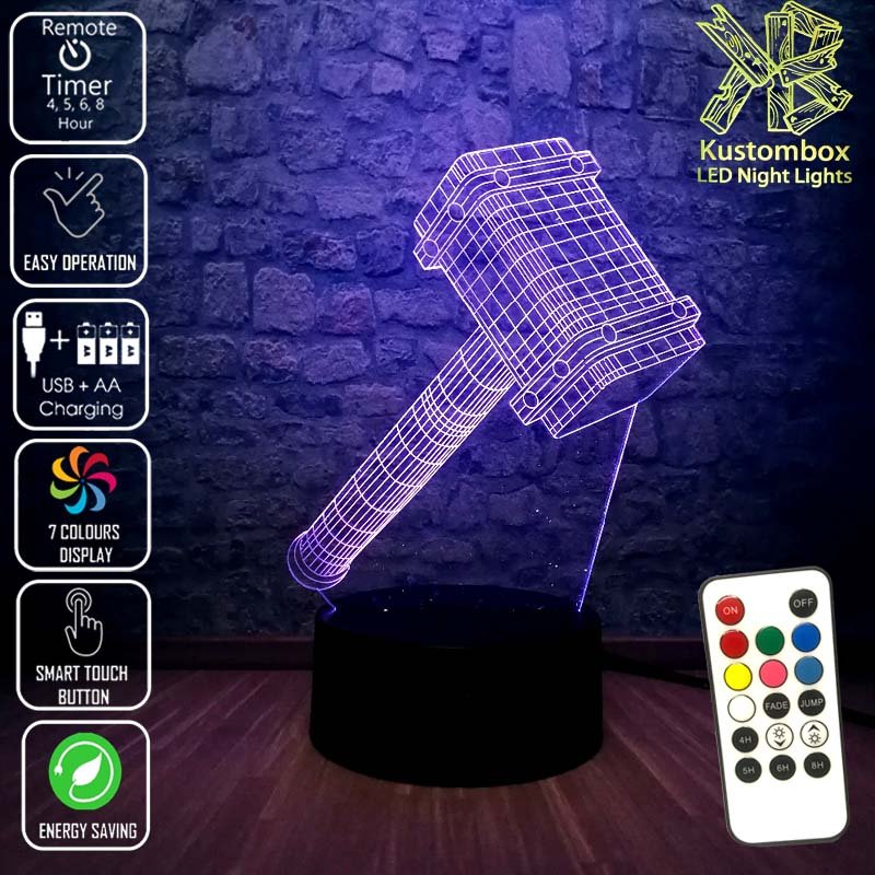 Thor Hammer Ragnarok the Avengers - 3D LED Night Light 7 Colours + Remote Control - Kustombox