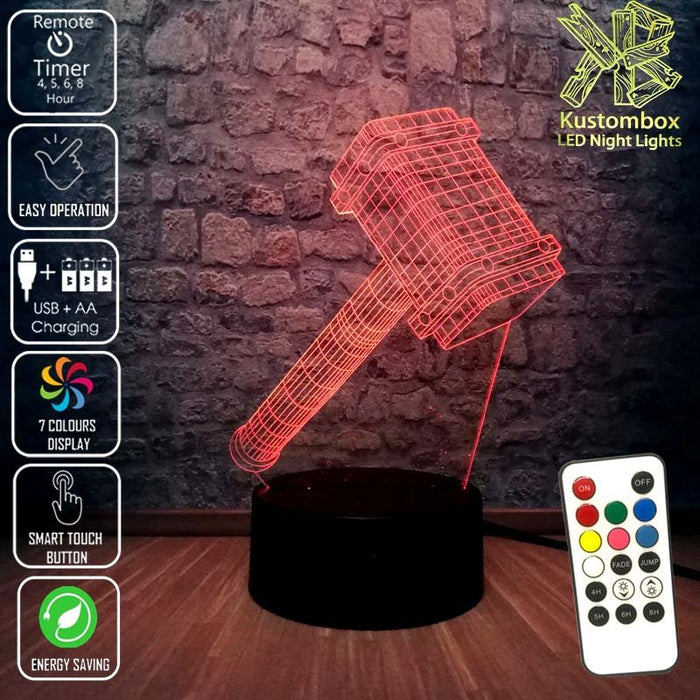 Thor Hammer Ragnarok the Avengers - 3D LED Night Light 7 Colours + Remote Control - Kustombox