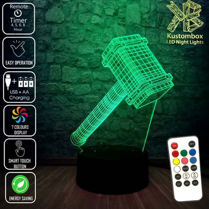 Thor Hammer Ragnarok the Avengers - 3D LED Night Light 7 Colours + Remote Control - Kustombox