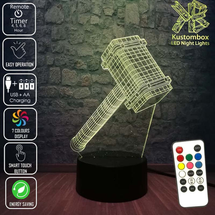Thor Hammer Ragnarok the Avengers - 3D LED Night Light 7 Colours + Remote Control - Kustombox