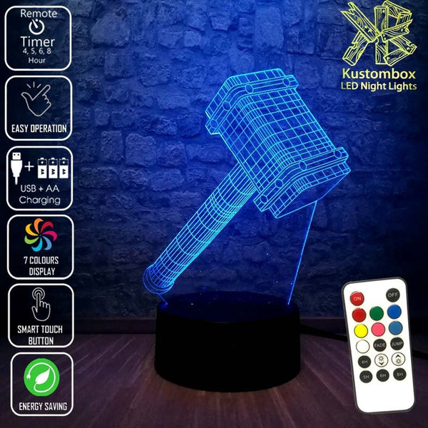 Thor Hammer Ragnarok the Avengers - 3D LED Night Light 7 Colours + Remote Control - Kustombox