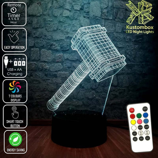 Thor Hammer Ragnarok the Avengers - 3D LED Night Light 7 Colours + Remote Control - Kustombox