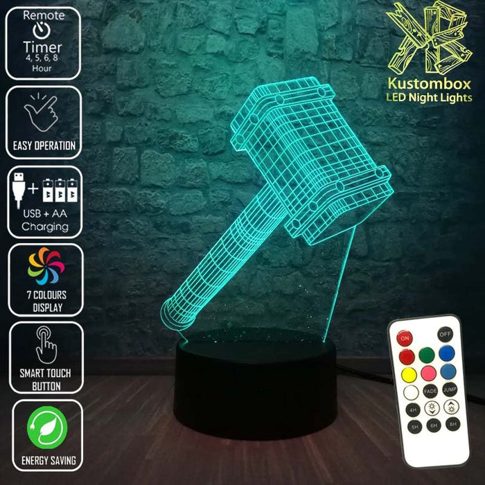 Thor Hammer Ragnarok the Avengers - 3D LED Night Light 7 Colours + Remote Control - Kustombox