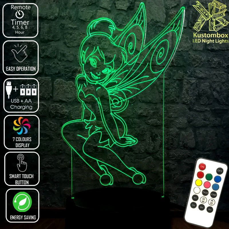 Tinkerbell Fairy Disney- 3D LED Night Light 7 Colours + Remote Control - Kustombox