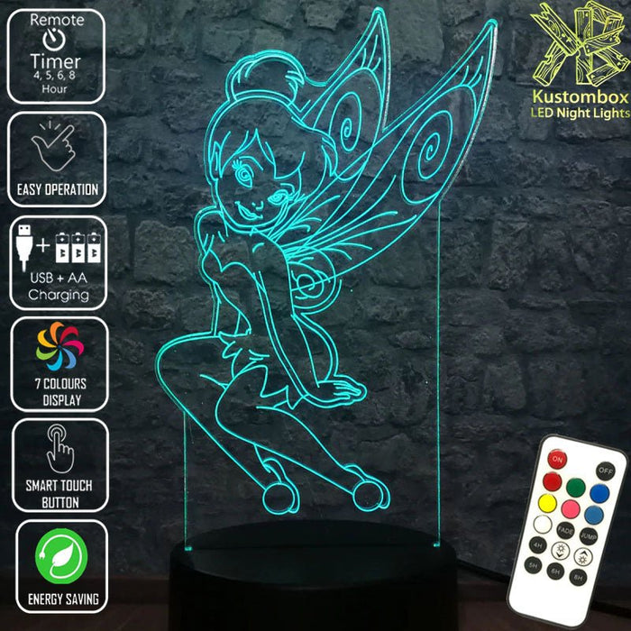 Tinkerbell Fairy Disney- 3D LED Night Light 7 Colours + Remote Control - Kustombox