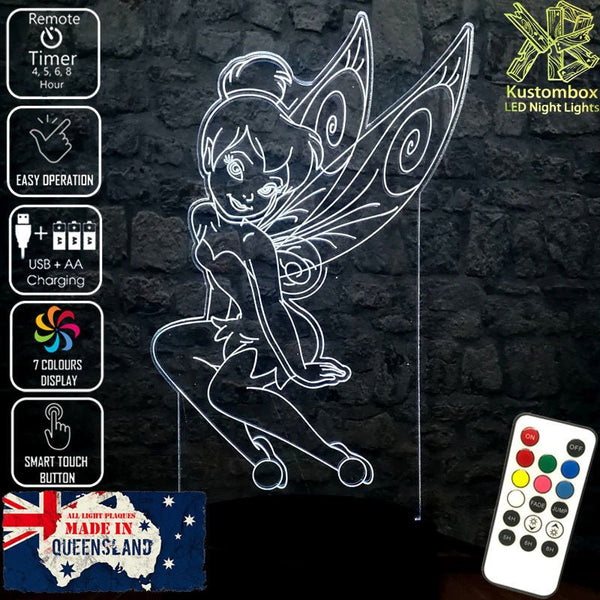 Tinkerbell Fairy Disney- 3D LED Night Light 7 Colours + Remote Control - Kustombox