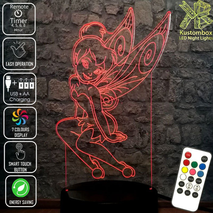 Tinkerbell Fairy Disney- 3D LED Night Light 7 Colours + Remote Control - Kustombox