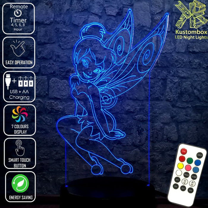 Tinkerbell Fairy Disney- 3D LED Night Light 7 Colours + Remote Control - Kustombox