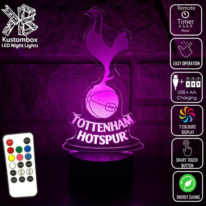 TOTTENHAM SPURS Football Club LED Night Light 7 Colours + Remote Control - Kustombox EFC SOCCER