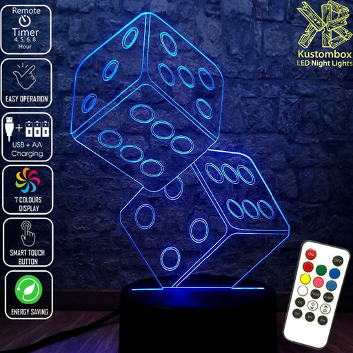 Two Dice game 3D - LED Night Light 7 Colours + Remote Control - Kustombox