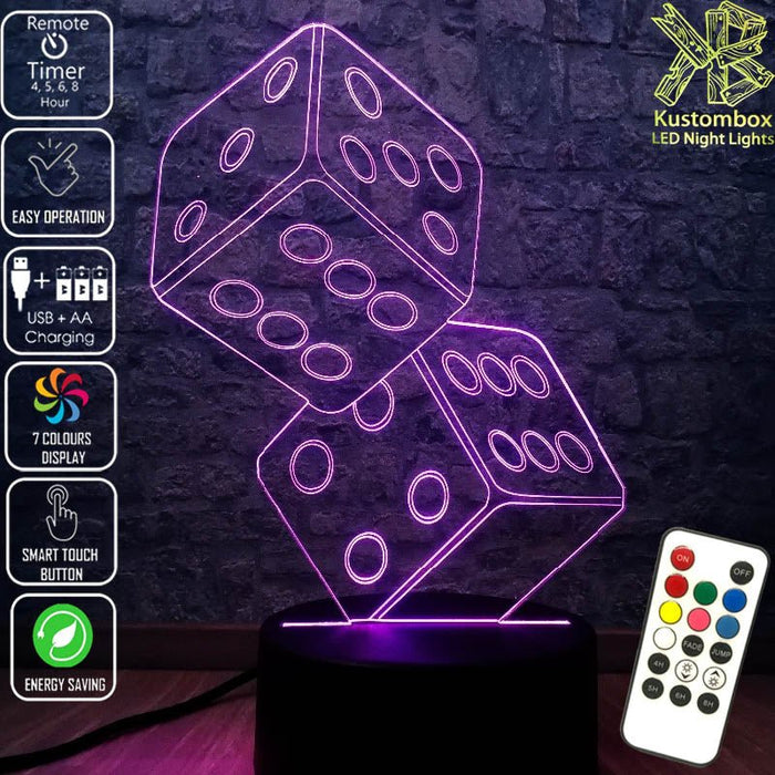 Two Dice game 3D - LED Night Light 7 Colours + Remote Control - Kustombox