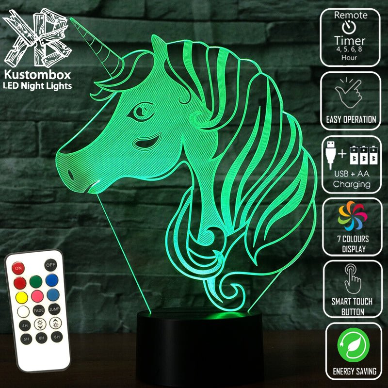 UNCORN PONY HEAD - 3D LED Night Light 7 Colours + Remote Control - Kustombox