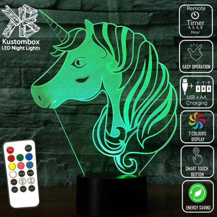 UNCORN PONY HEAD - 3D LED Night Light 7 Colours + Remote Control - Kustombox