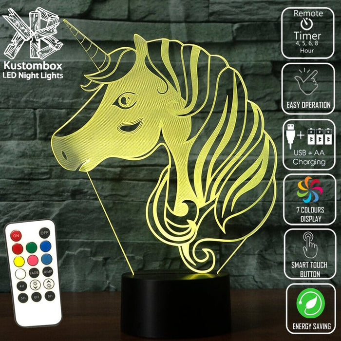 UNCORN PONY HEAD - 3D LED Night Light 7 Colours + Remote Control - Kustombox