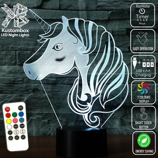 UNCORN PONY HEAD - 3D LED Night Light 7 Colours + Remote Control - Kustombox