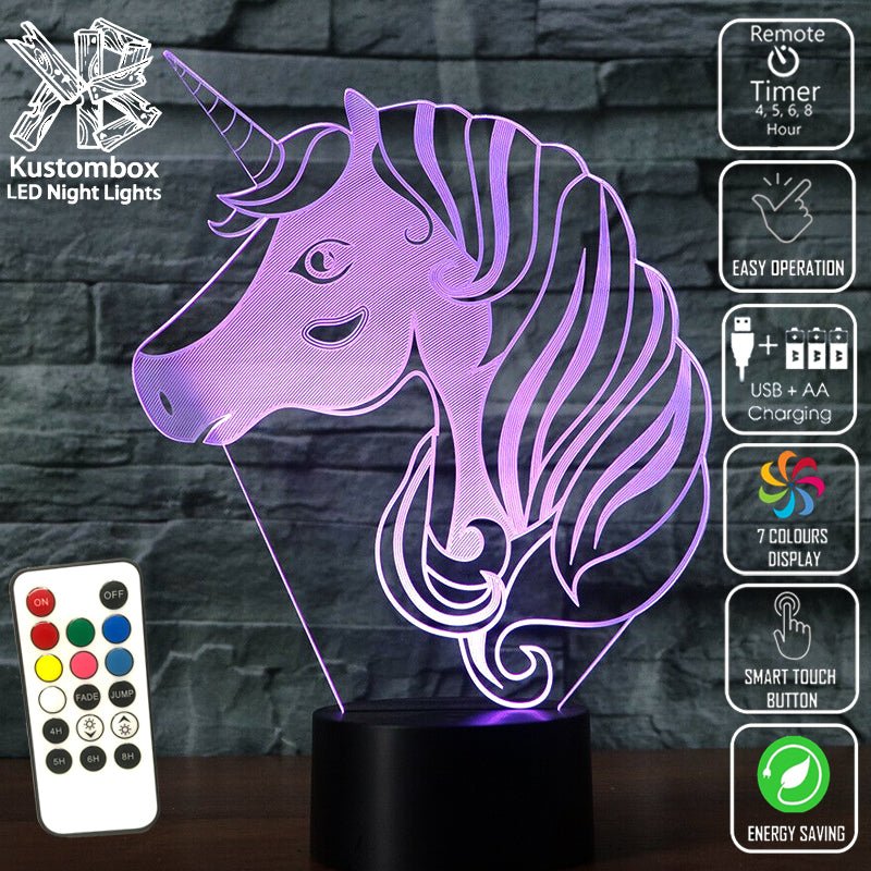UNCORN PONY HEAD - 3D LED Night Light 7 Colours + Remote Control - Kustombox