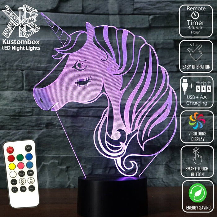 UNCORN PONY HEAD - 3D LED Night Light 7 Colours + Remote Control - Kustombox