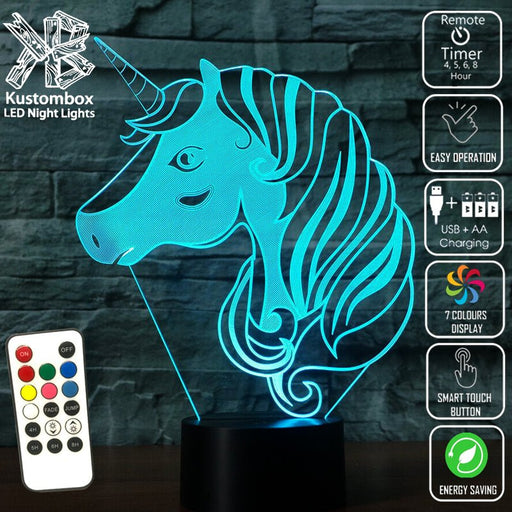 UNCORN PONY HEAD - 3D LED Night Light 7 Colours + Remote Control - Kustombox