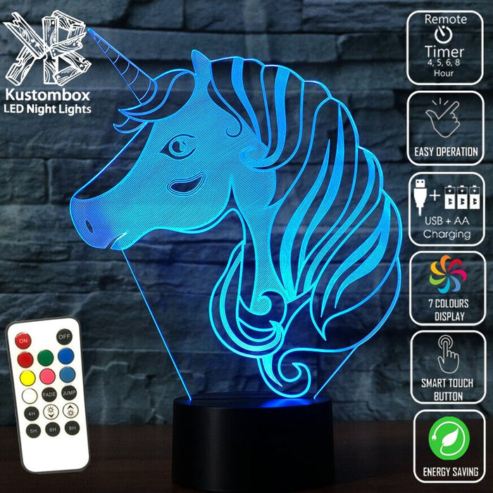 UNCORN PONY HEAD - 3D LED Night Light 7 Colours + Remote Control - Kustombox