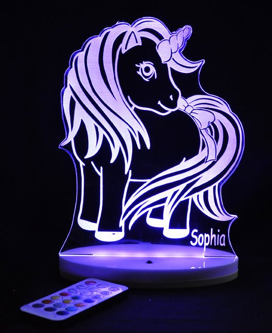 Unicorn Pony Personalised Name - 3D LED Night Light 7 Colours + Remote Control - Kustombox