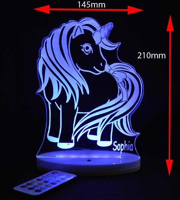 Unicorn Pony Personalised Name - 3D LED Night Light 7 Colours + Remote Control - Kustombox