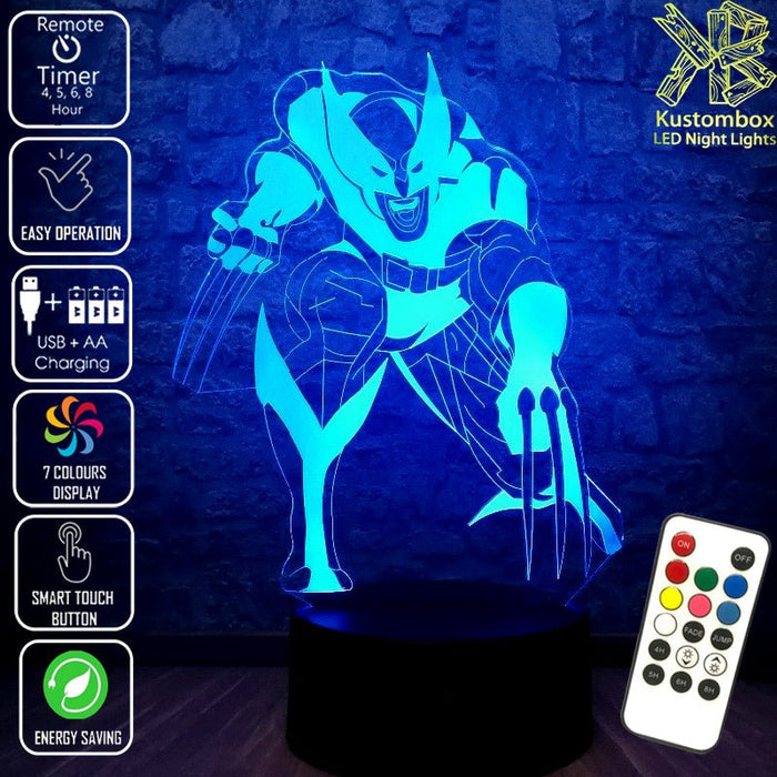 Wolverine X MEN - 3D LED Night Light 7 Colours + Remote Control - Kustombox marvel