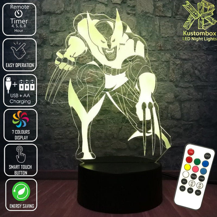 Wolverine X MEN - 3D LED Night Light 7 Colours + Remote Control - Kustombox marvel