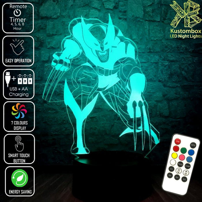 Wolverine X MEN - 3D LED Night Light 7 Colours + Remote Control - Kustombox marvel