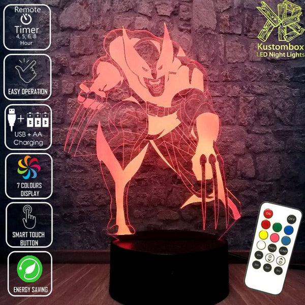 Wolverine X MEN - 3D LED Night Light 7 Colours + Remote Control - Kustombox marvel